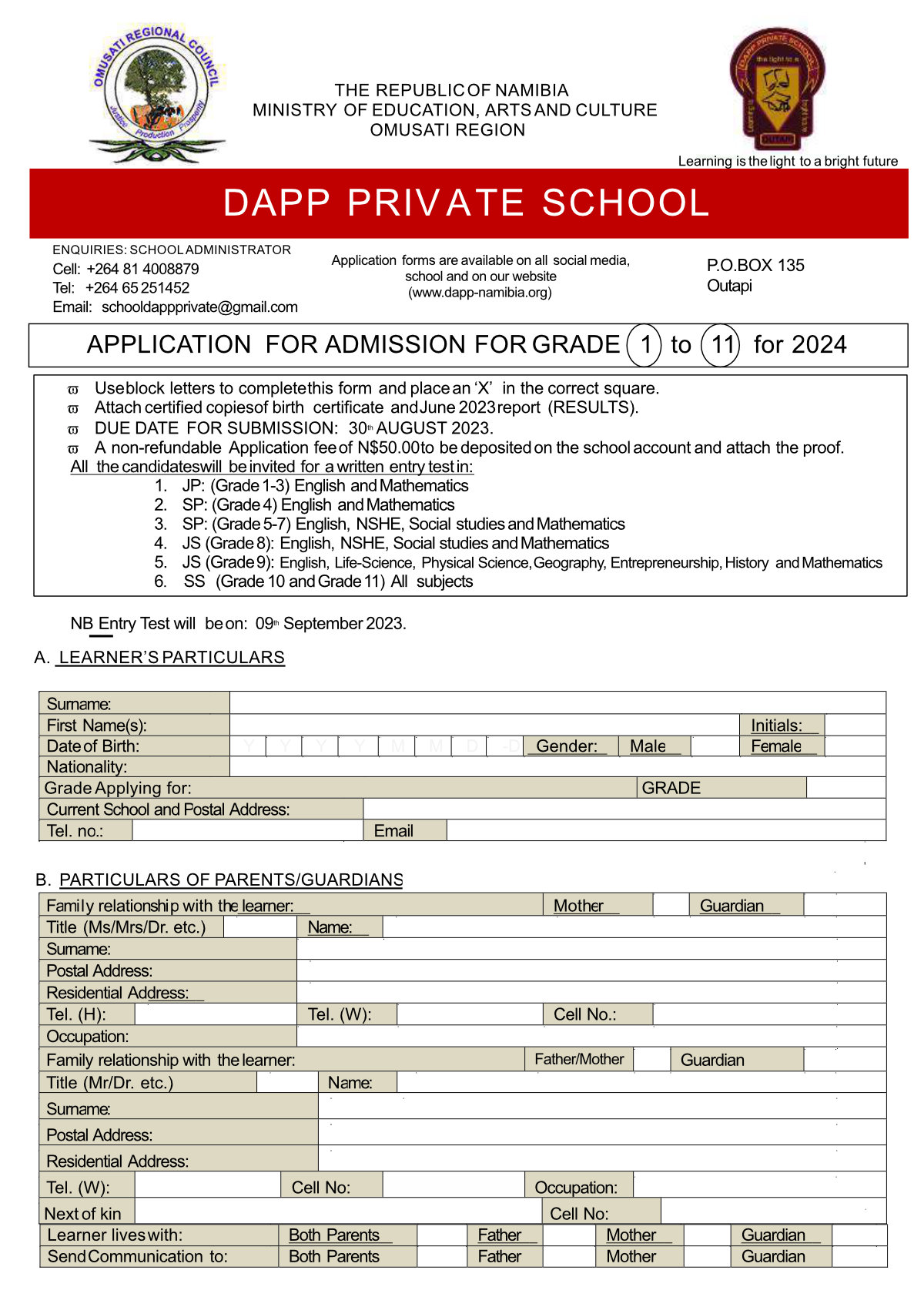 DAPP Private School Application Form 2024